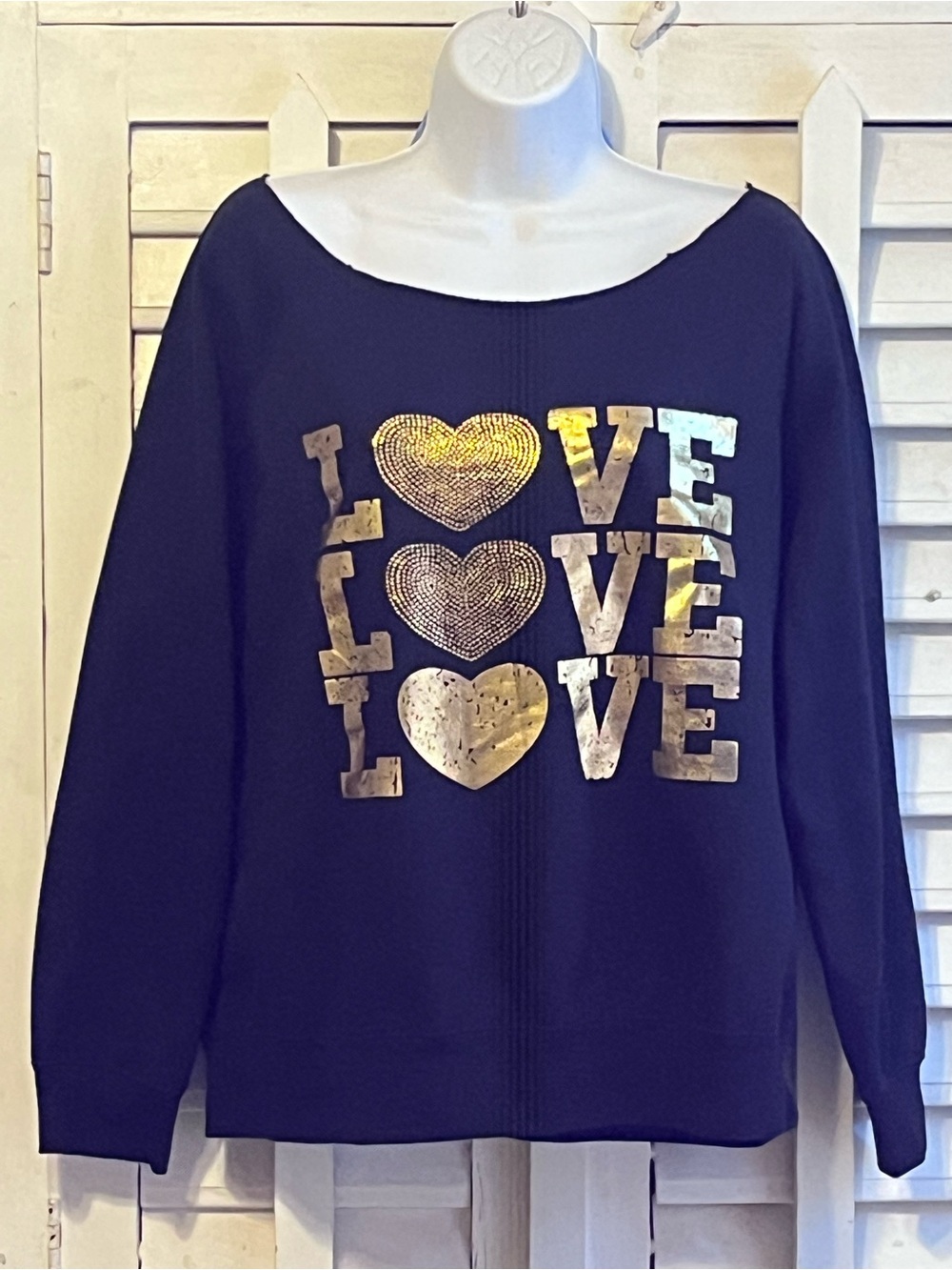 Feathers Metallic "LOVE" Graphic Off-the-Shoulder Sweatshirt Size 2X